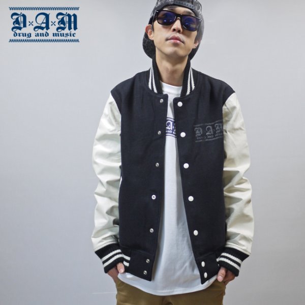 画像1: -40% off-[DxAxM]-KLASSiC LEATHER SLEEVE AWARD JACKET-BLACKxWHiTE- (1)