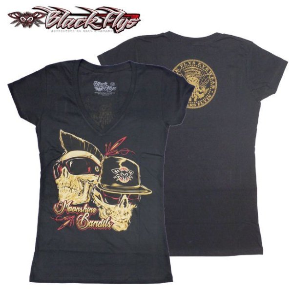 画像1: -SALE-[BLACK FLYS]-MOONSHINE BANDITS GIRLS V-NECK TEE- (1)